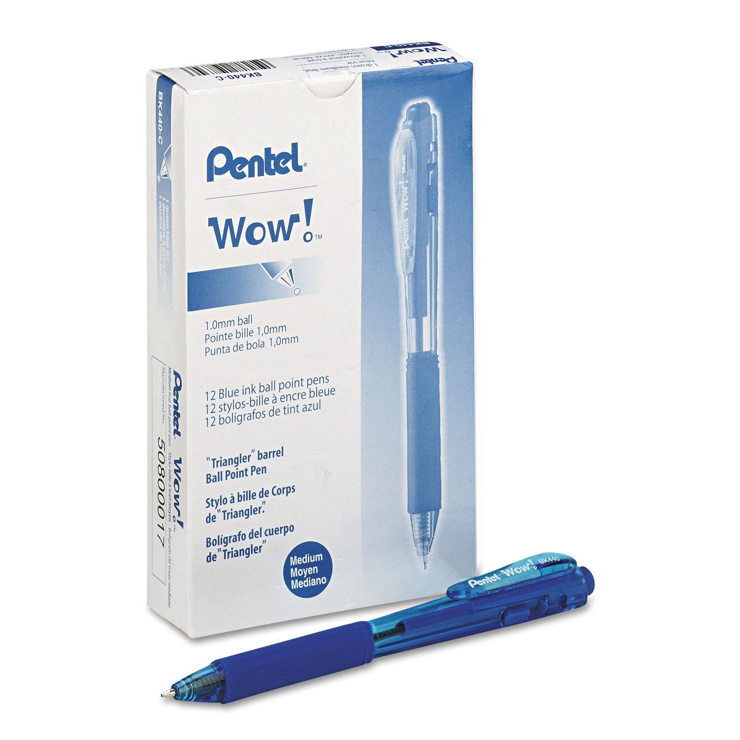 Pentel WOW! Ballpoint Pen, Retractable, Medium 1 mm, Blue Ink, Blue Barrel, Dozen