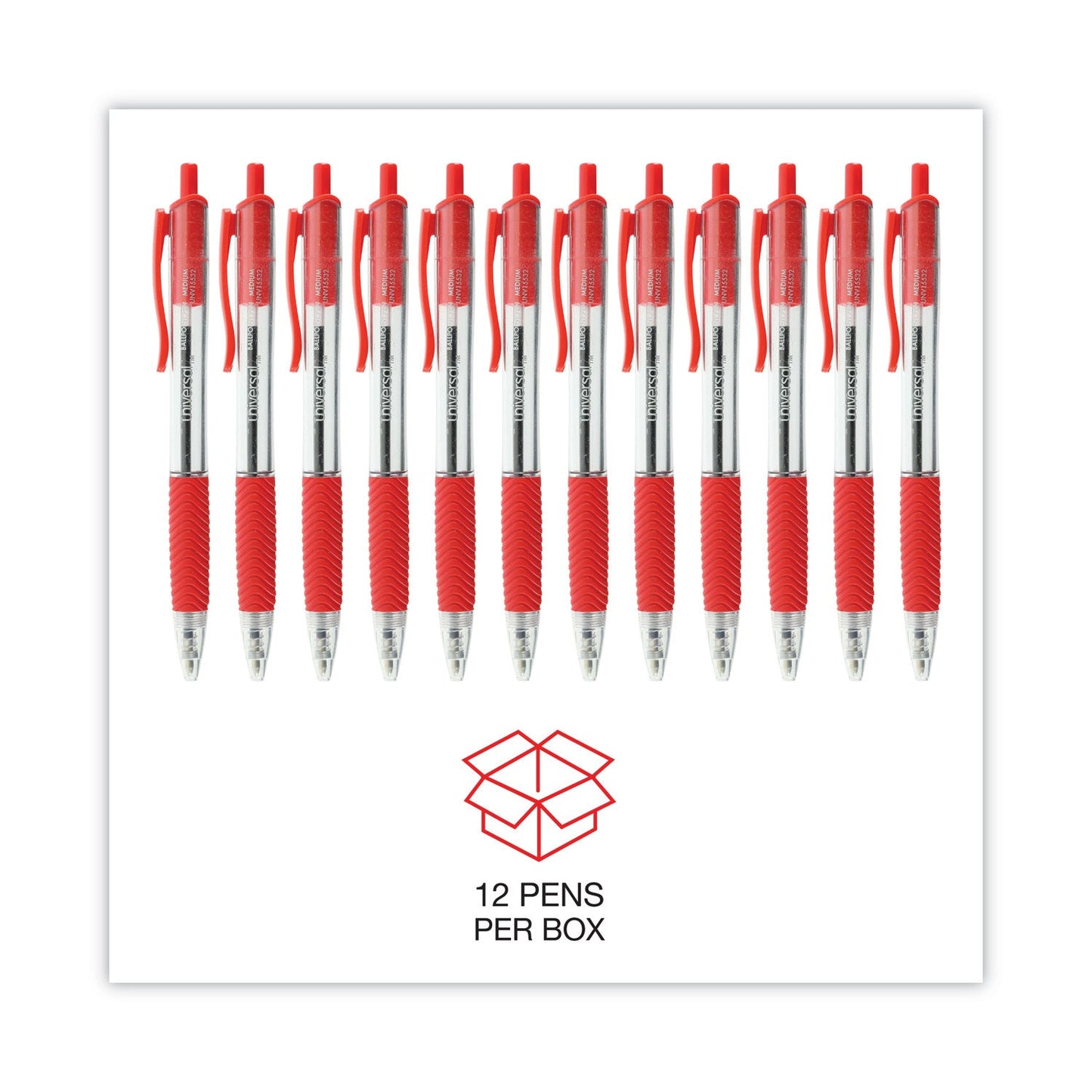 Universal Comfort Grip Ballpoint Pen, Retractable, Medium 1 mm, Red Ink, Clear Barrel, Dozen
