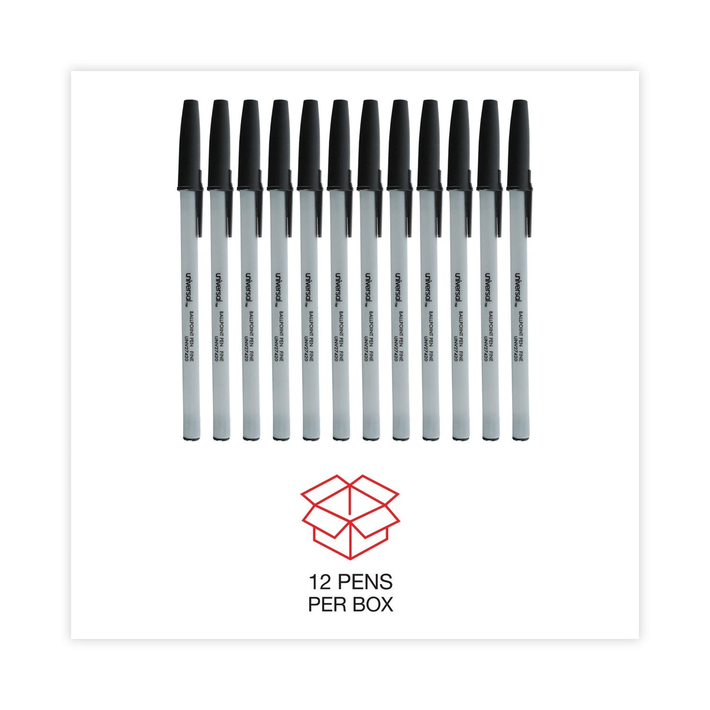 Universal Ballpoint Pen, Stick, Fine 0.7 mm, Black Ink, Gray Barrel, Dozen