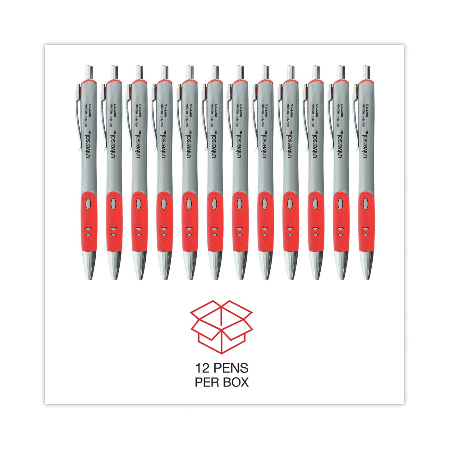 Universal Comfort Grip Gel Pen, Retractable, Medium 0.7 mm, Red Ink, Silver Barrel, Dozen
