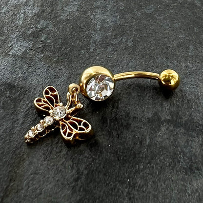 Clear Gem Gold Tone Flying Dragonfly Dangle Belly Ring