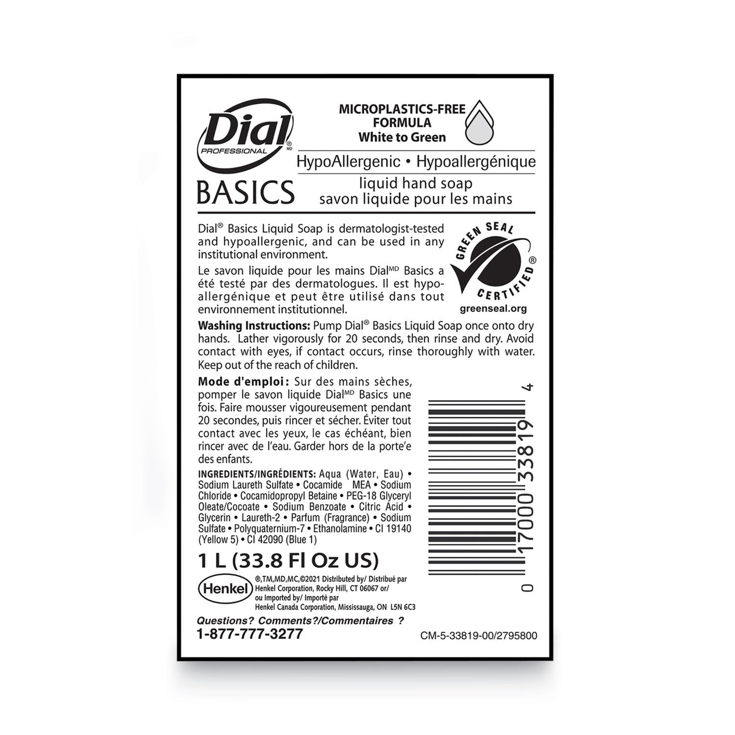 Dial Basics MP Free Liquid Hand Soap, Unscented, 1 L Refill Bottle, 8/Carton