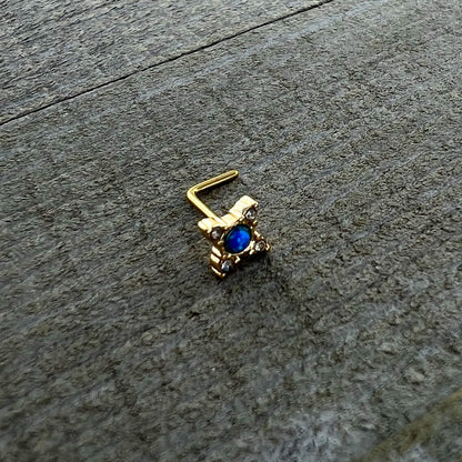 20G 1/4 Blue Synthetic Opal Gold Hue Rhombus L Shape Nose Ring