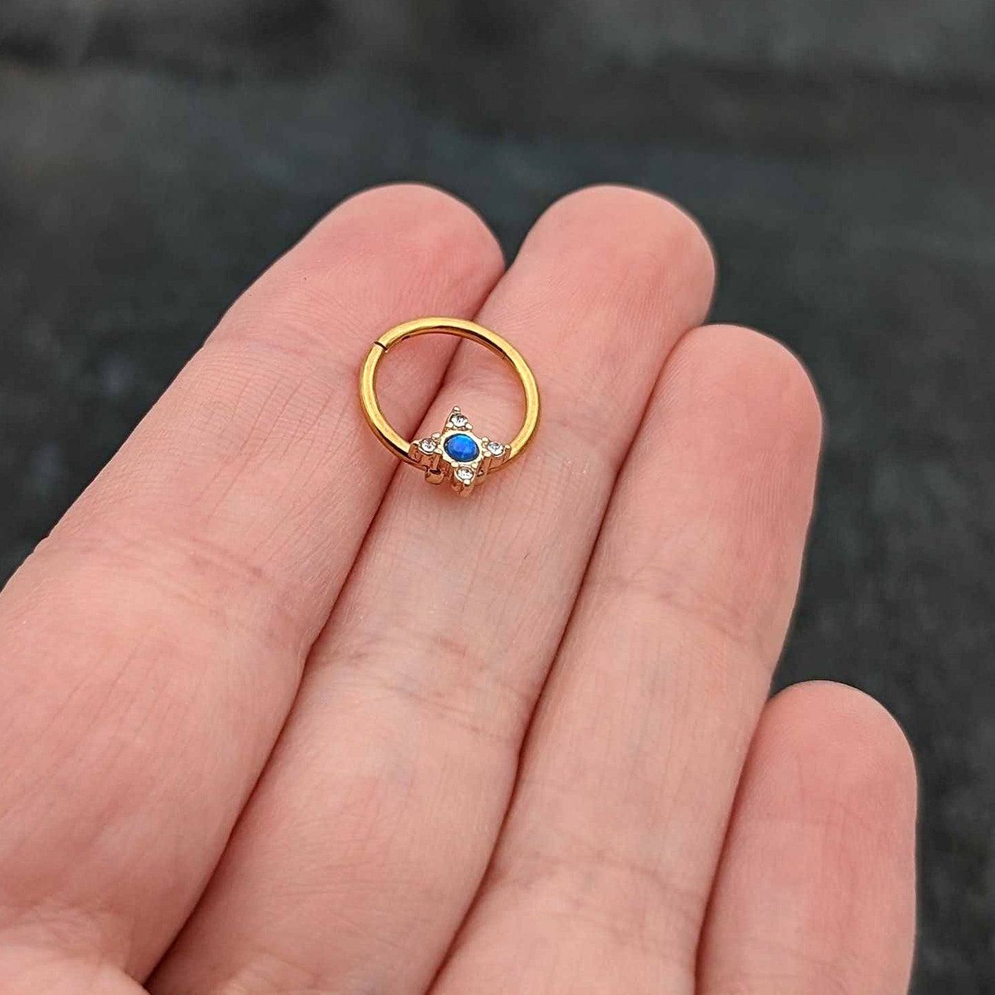 16G 3/8 Blue Synthetic Opal Gold Hue Rhombus Hinged Segment Ring