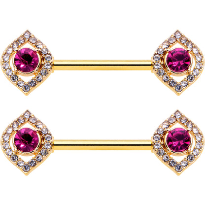 14G 9/16 Clear Pink Gem Gold Tone Open Eye Barbell Nipple Ring Set