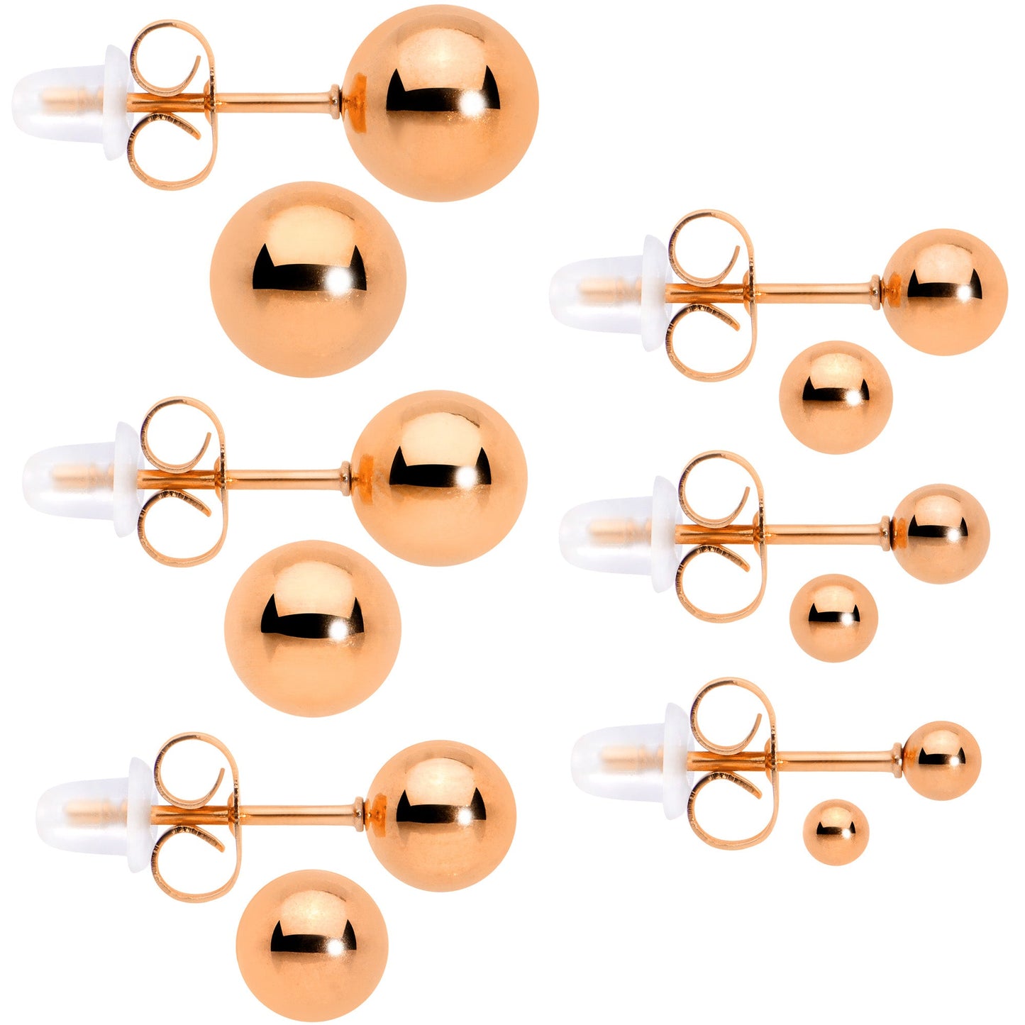 3mm-8mm Ball Stud Rose Gold Tone 316L Stainless Steel Earrings 6 Pack