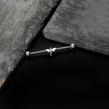 14G White Faux Opal Simple Style Dragonfly Industrial Barbell 38mm
