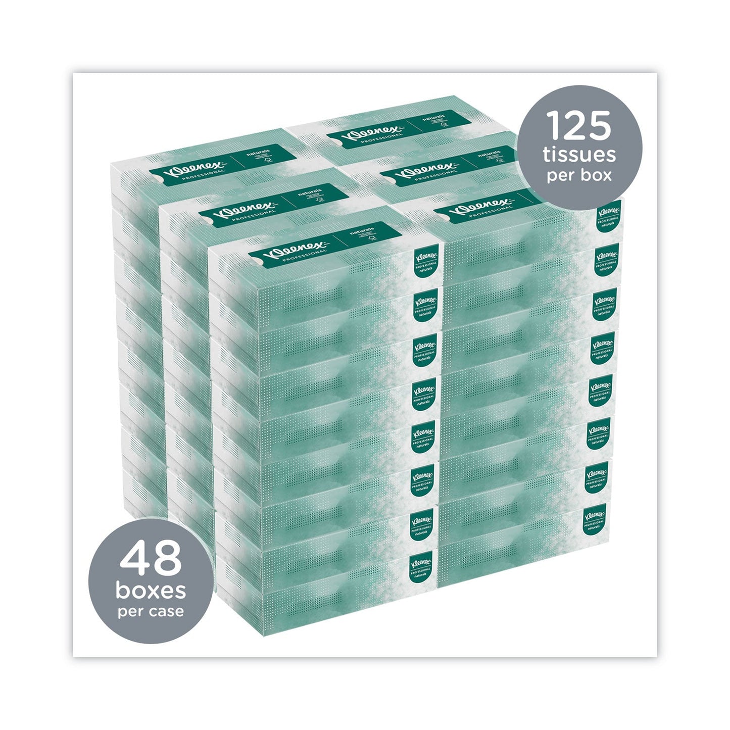 Kleenex Naturals Facial Tissue for Business, Flat Box, 2-Ply, White, 125 Sheets/Box, 48 Boxes/Carton