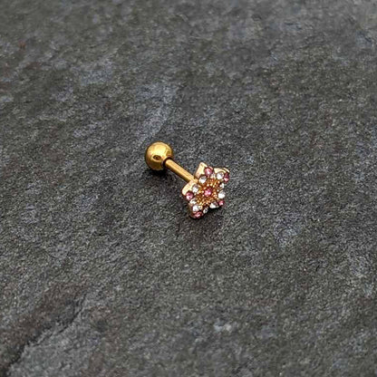 16G 1/4 Pink Clear Gem Gold Tone Texture Star Cartilage Earring