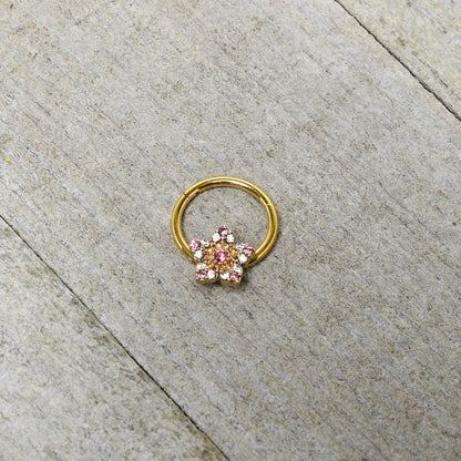 16G 3/8 Pink Clear Gem Gold Tone Texture Star Hinged Segment Ring
