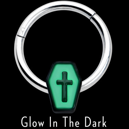 16G 3/8 Creepy Coffin Lt Purple Glow in Dark Hinged Segment Ring