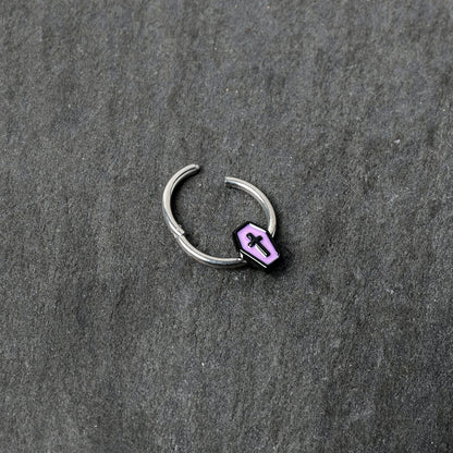16G 3/8 Creepy Coffin Lt Purple Glow in Dark Hinged Segment Ring