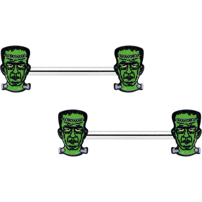 14G 9/16 Frankenstein Head Green Glow in the Dark Nipple Ring Set