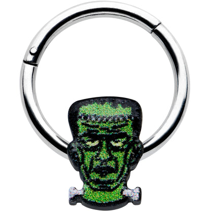 16G 3/8 Frankenstein Head Green Glow in Dark Hinged Segment Ring