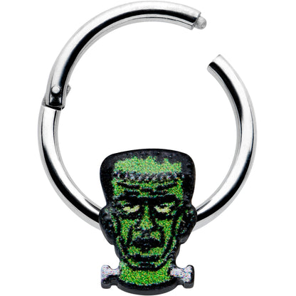 16G 3/8 Frankenstein Head Green Glow in Dark Hinged Segment Ring