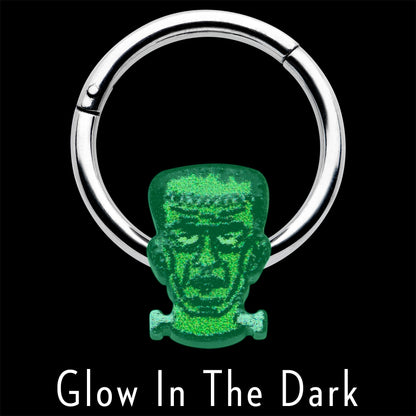 16G 3/8 Frankenstein Head Green Glow in Dark Hinged Segment Ring