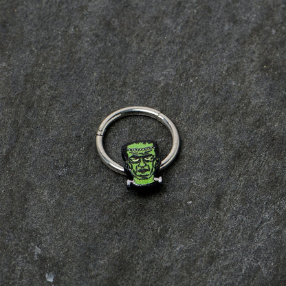 16G 3/8 Frankenstein Head Green Glow in Dark Hinged Segment Ring