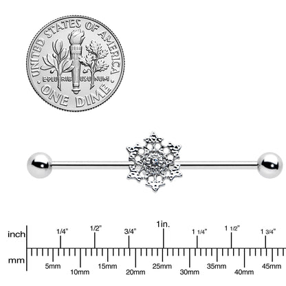 14G Clear Gem Filigree Winter Snowflake Industrial Barbell 38mm
