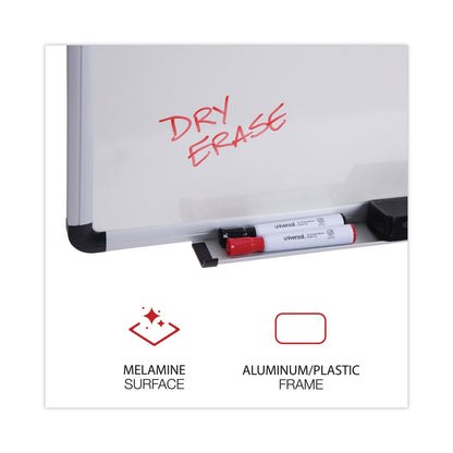 Universal Dry Erase Board, Melamine, 72 x 48, White, Black/Gray Aluminum/Plastic Frame