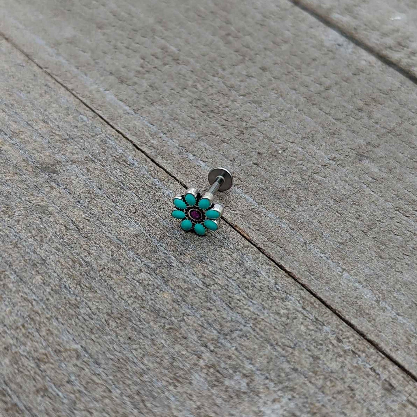 16G 5/16 Blue Gem Flower Teal Petals Labret Monroe Tragus