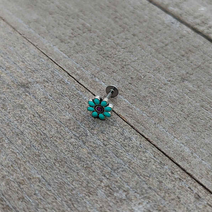 16G 5/16 Blue Gem Flower Teal Petals Labret Monroe Tragus