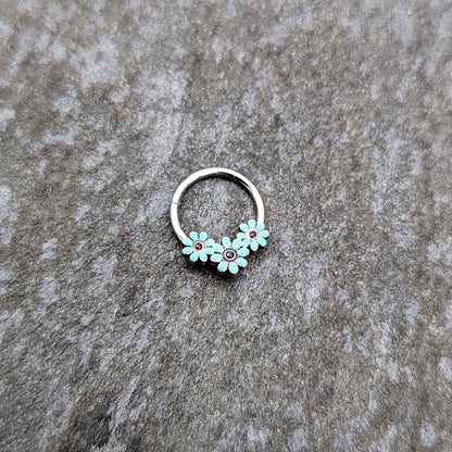 16G 3/8 Blue Gem Flower Trio Teal Petals Hinged Segment Ring
