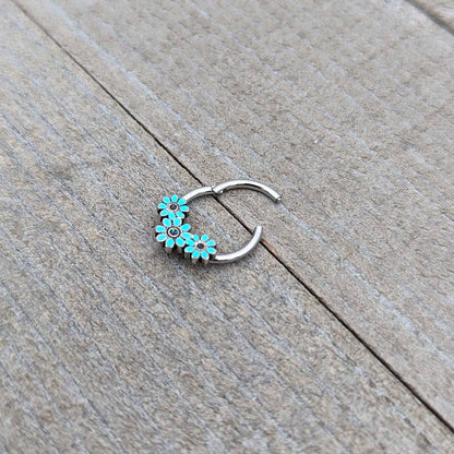 16G 3/8 Blue Gem Flower Trio Teal Petals Hinged Segment Ring