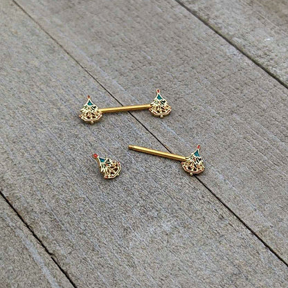 14G 9/16 Red Gem Gold Hue Deco Holiday Tree Barbell Nipple Ring Set