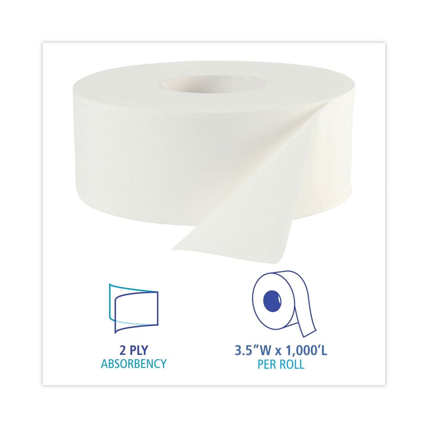 Boardwalk JRT Bath Tissue, Jumbo, Septic Safe, 2-Ply, White, 3.5" x 1,000 ft, 12 Rolls/Carton