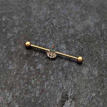 14G Red Gem Gold Tone Deco Holiday Tree Industrial Barbell 38mm