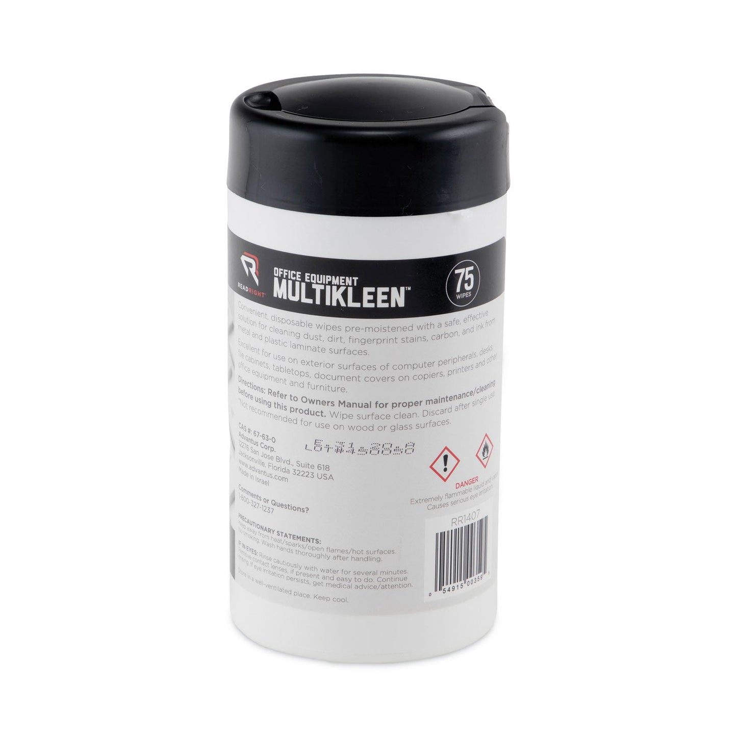 Read Right Office Equipment MultiKleen Wet Wipes, Cloth, 5.44 x 6.38, 75/Tub