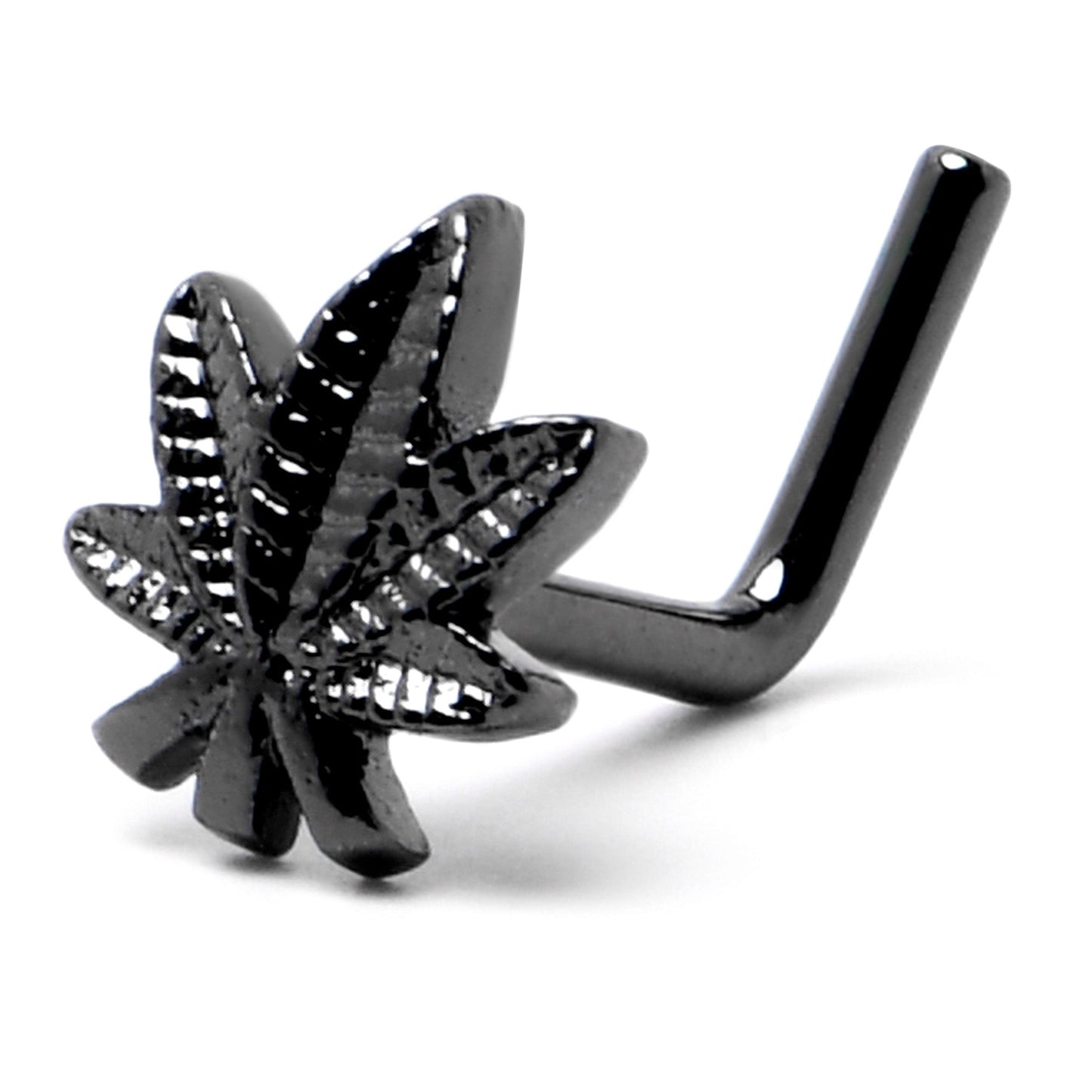 20G 1/4 Black Texture Pot Leaf L Shape Nose Ring
