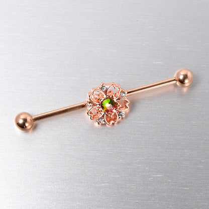 14G Dark Aurora Gem Rose Gold Tone Flower Industrial Barbell 38mm