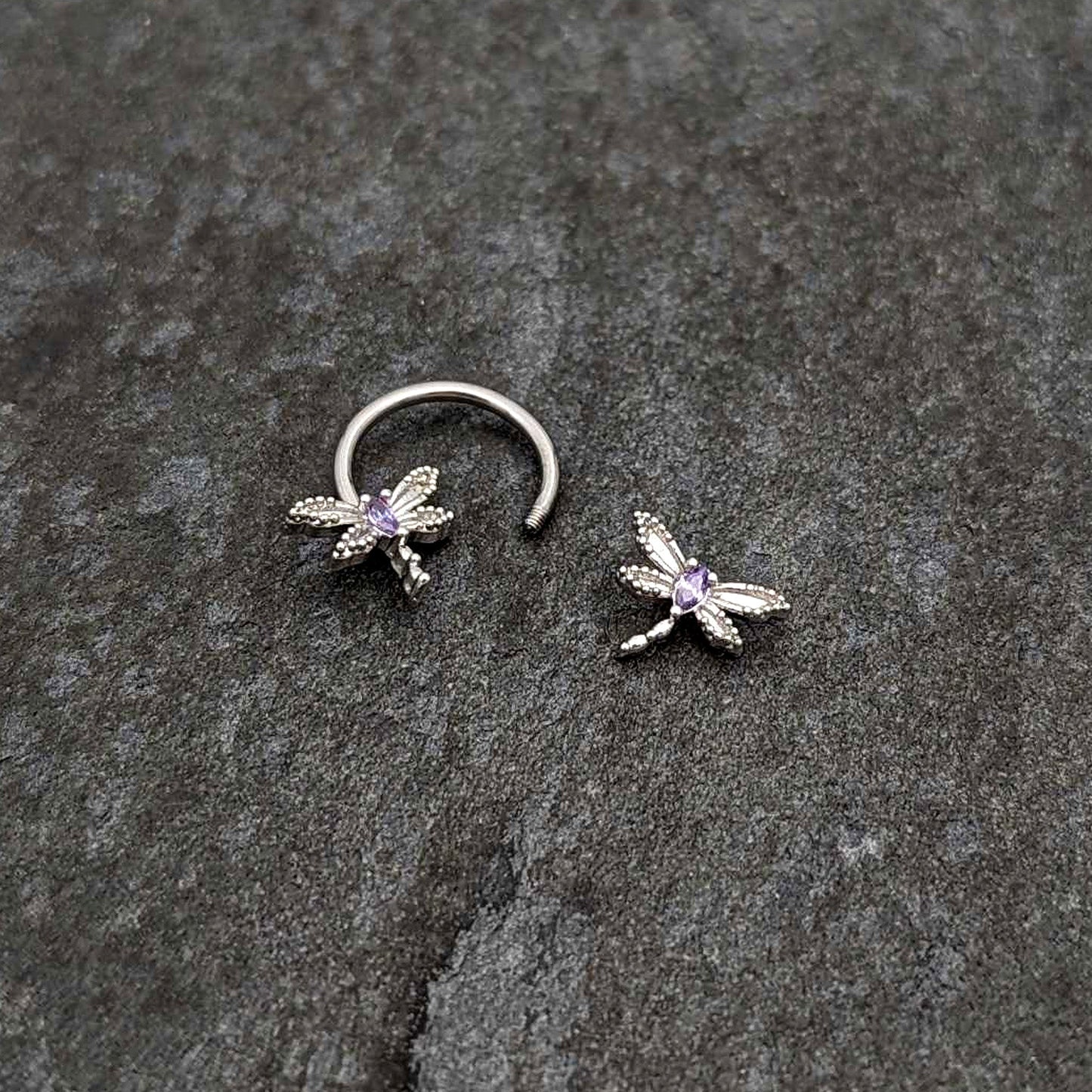 16G 3/8 Purple CZ Gem Open Dragonfly Horseshoe Circular Barbell