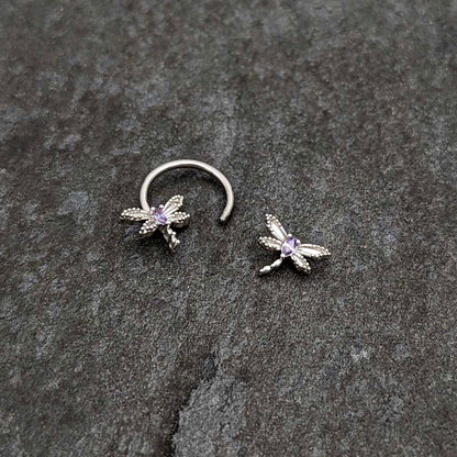 16G 3/8 Purple CZ Gem Open Dragonfly Horseshoe Circular Barbell