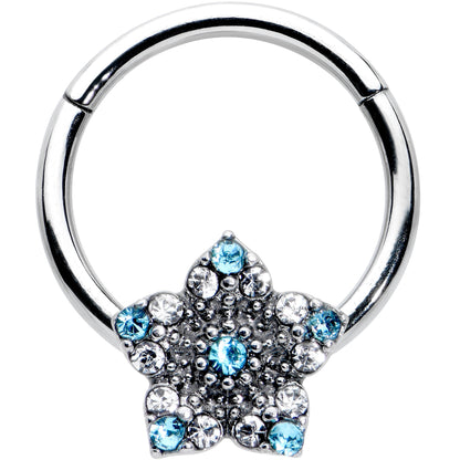 16G 3/8 Blue Clear Gem Opulent Flower Hinged Segment Ring