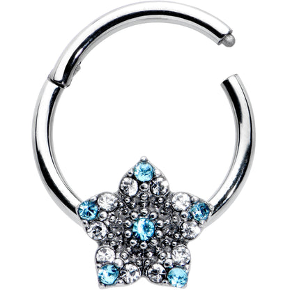 16G 3/8 Blue Clear Gem Opulent Flower Hinged Segment Ring