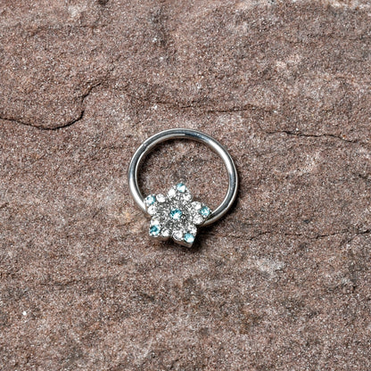 16G 3/8 Blue Clear Gem Opulent Flower Hinged Segment Ring