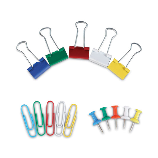 Universal Combo Clip Pack with 3-Tier Organizer Tub, (380) Small Paper Clips, (280) Push Pins, (46) Small Binder Clips, Assorted Colors