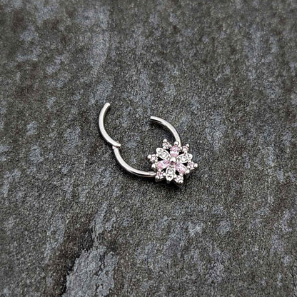16G 3/8 Clear Pink CZ Gem Snowflake Hinged Circular Ring