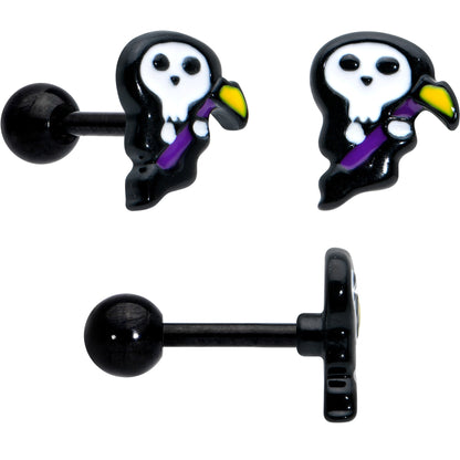 16G 1/4 Black Halloween Skull Bat Reaper Cartilage Earring Set of 3