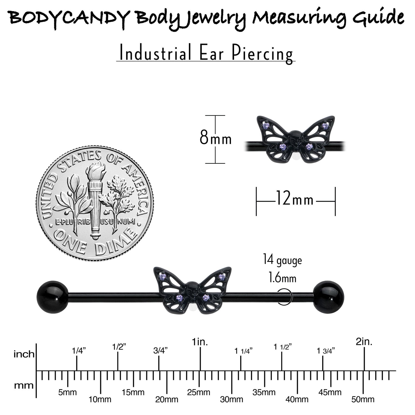 14G Purple CZ Gem Black Skull Butterfly Industrial Barbell 38mm
