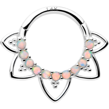 16G 5/16 White Synthetic Opal 14k White Gold Filigree Hinged Segment Ring