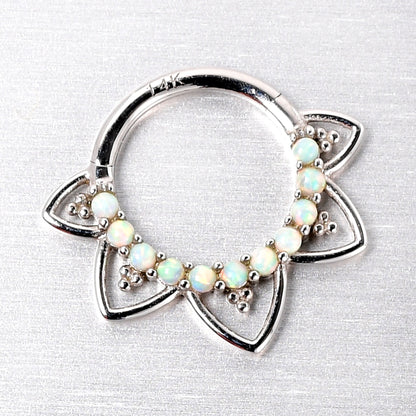 16G 5/16 White Synthetic Opal 14k White Gold Filigree Hinged Segment Ring