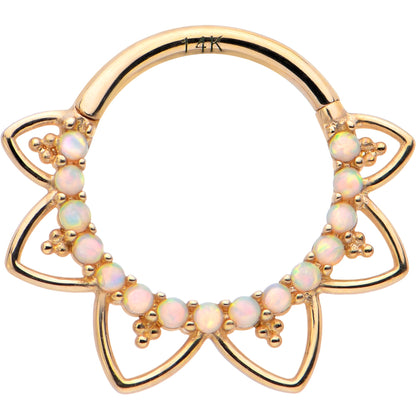 16G 3/8 White Synthetic Opal 14k Yellow Gold Filigree Hinged Segment Ring