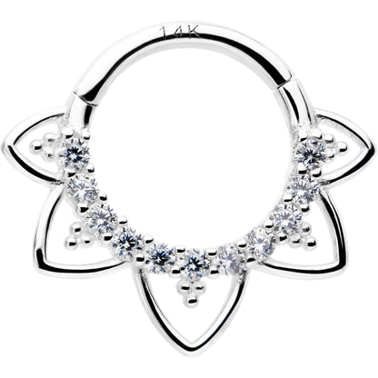 16G 5/16 Clear CZ Gem 14k White Gold Filigree Hinged Segment Ring