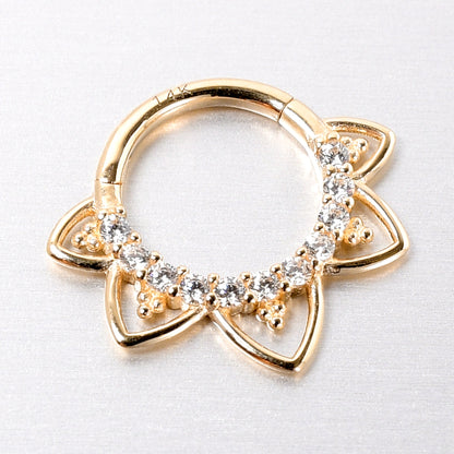 16G 5/16 Clear CZ Gem 14k Yellow Gold Filigree Hinged Segment Ring