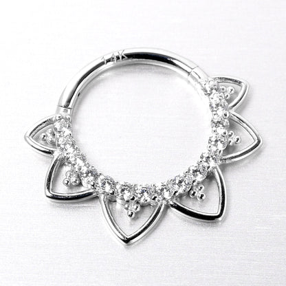 16G 3/8 Clear CZ Gem 14k White Gold Filigree Hinged Segment Ring