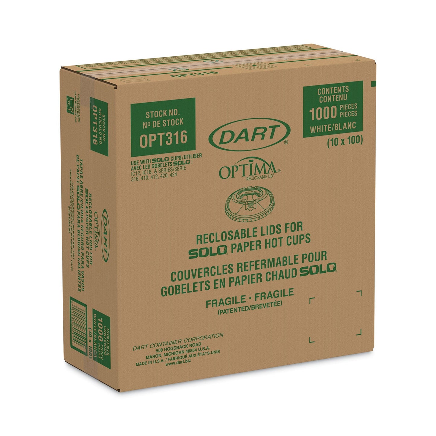 Dart Optima Reclosable Lids for Paper Hot Cups, Fits 10 oz to 24 oz Cups, White, 1,000/Carton