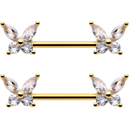 14G 9/16 Clear CZ Gem Gold Tone Butterflies Barbell Nipple Ring Set